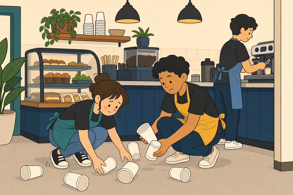 A tray of cups dropped on the floor, a coworker kneeling to help pick them up