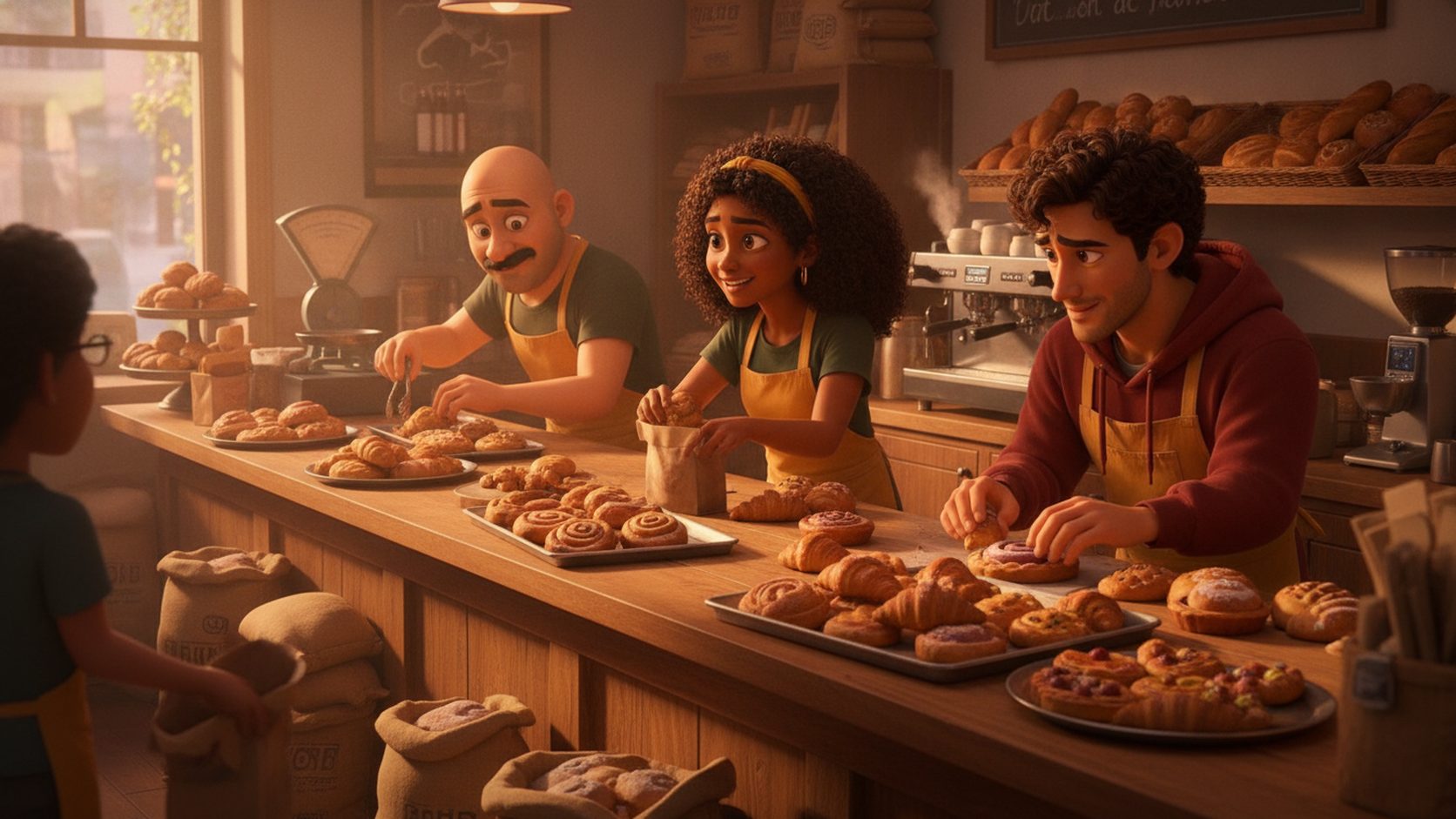 Bakery crew working hard behind the counter during a rush