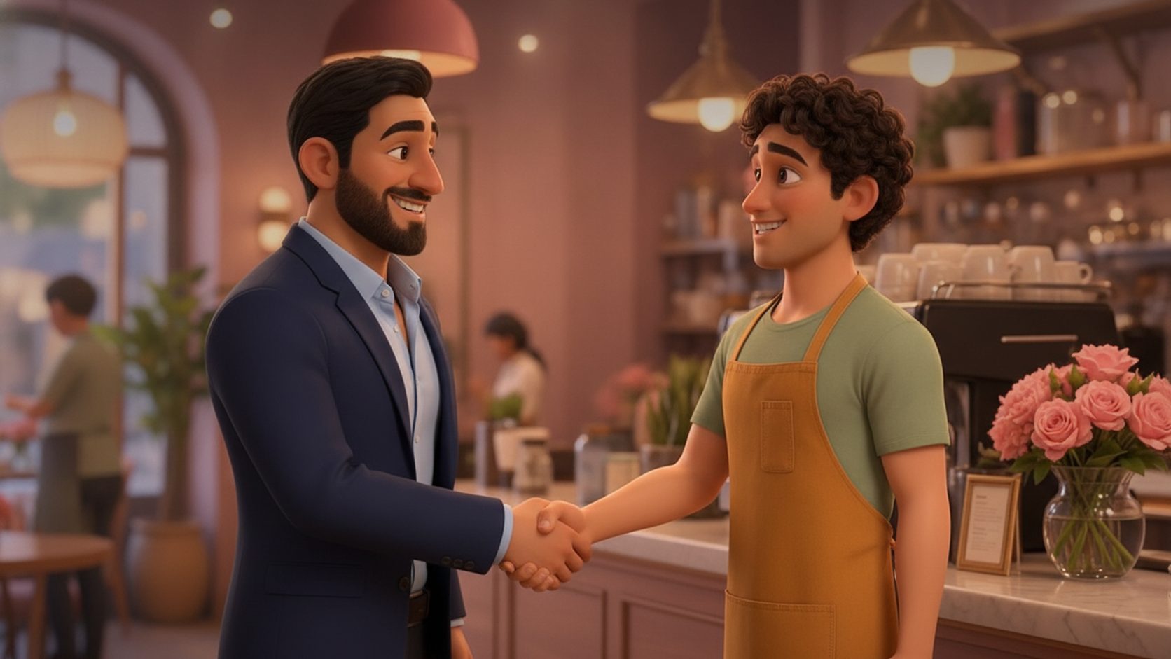 The owner shaking hands with a new young employee in a mustard apron