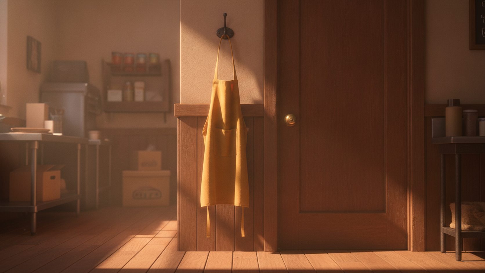 An empty mustard apron hanging on a hook by the bakery back door