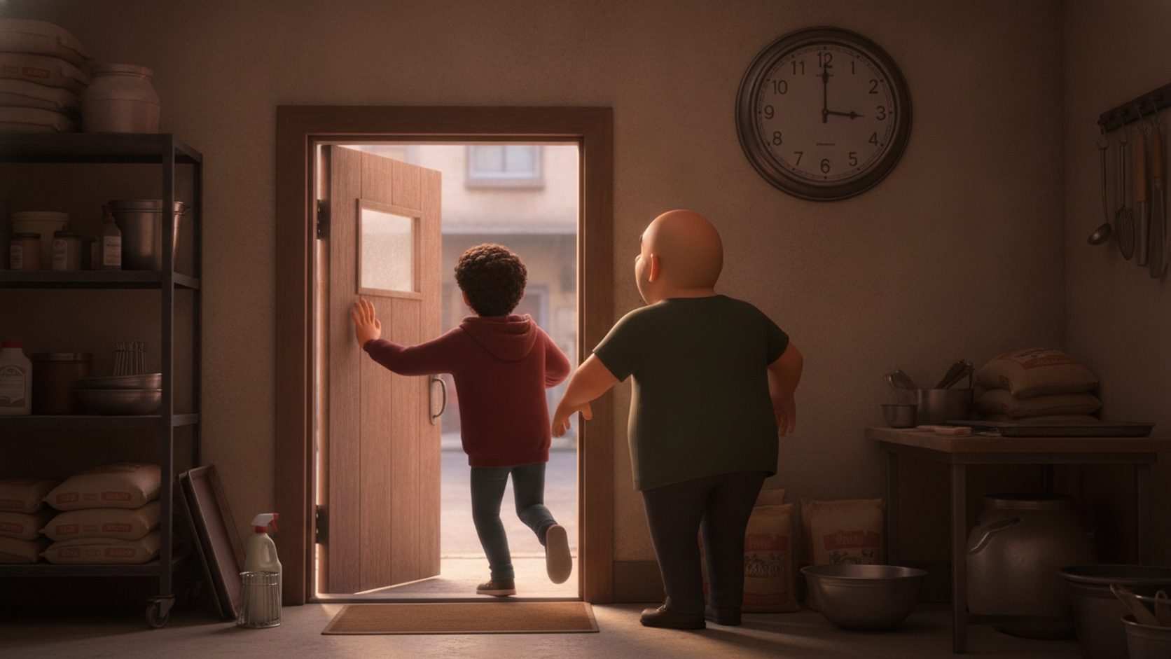 Leo in his maroon hoodie rushing through the bakery back door while the owner glances at a wall clock