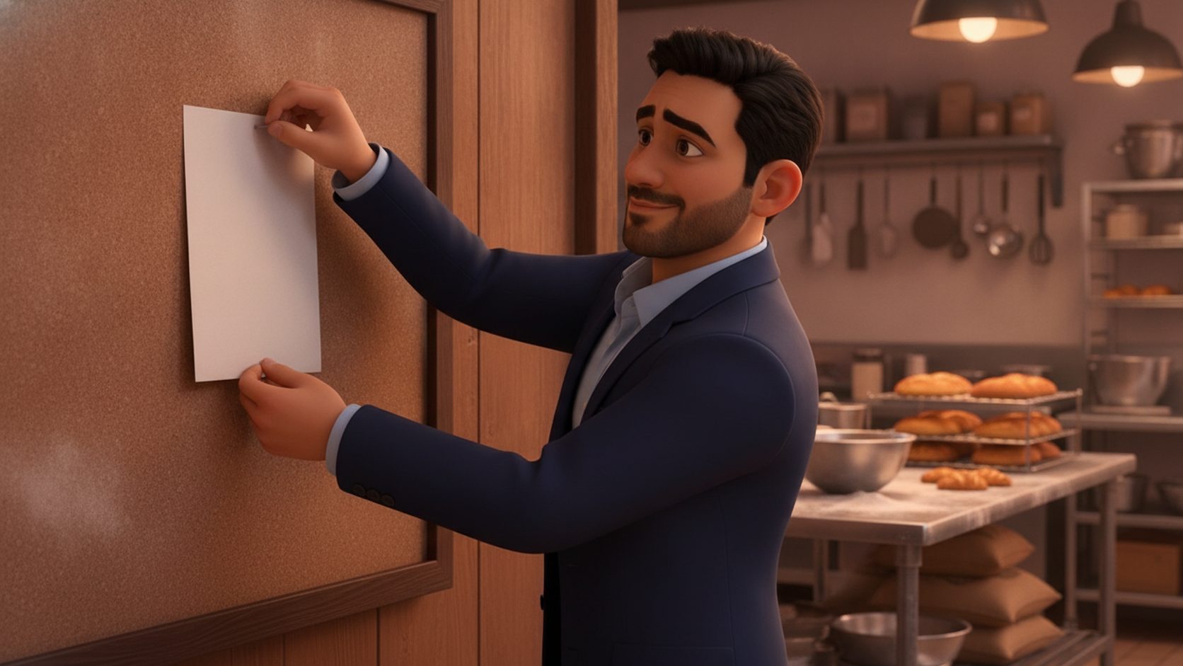 The owner pinning a blank sheet of paper to a cork board in a bakery back room