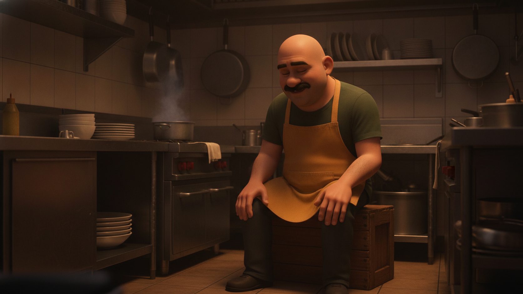 Sal the bald mustached cook sitting tired on an upturned crate in the back of a kitchen after a long shift