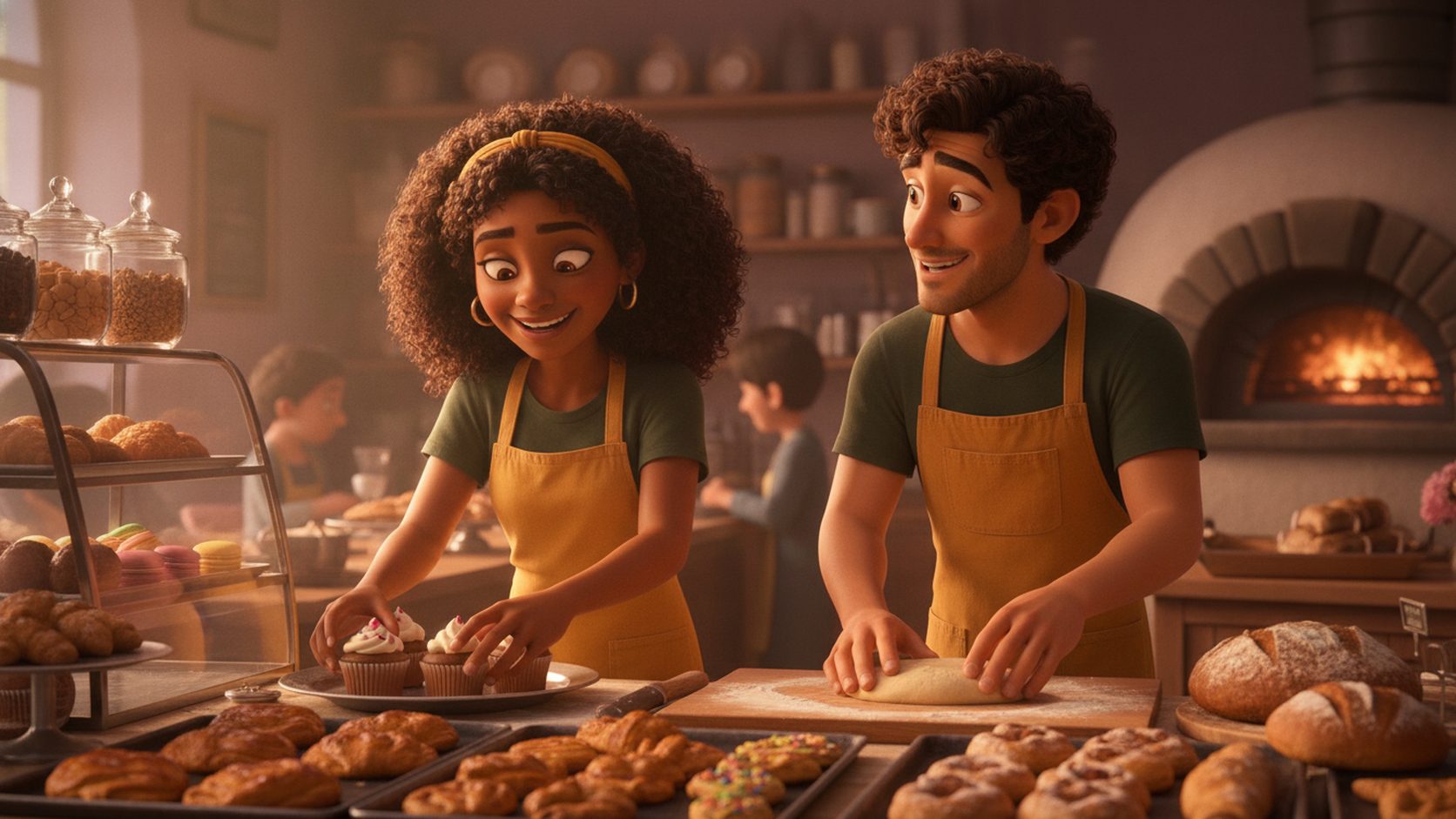 Maya and Leo in mustard aprons energetically working together behind a busy bakery counter