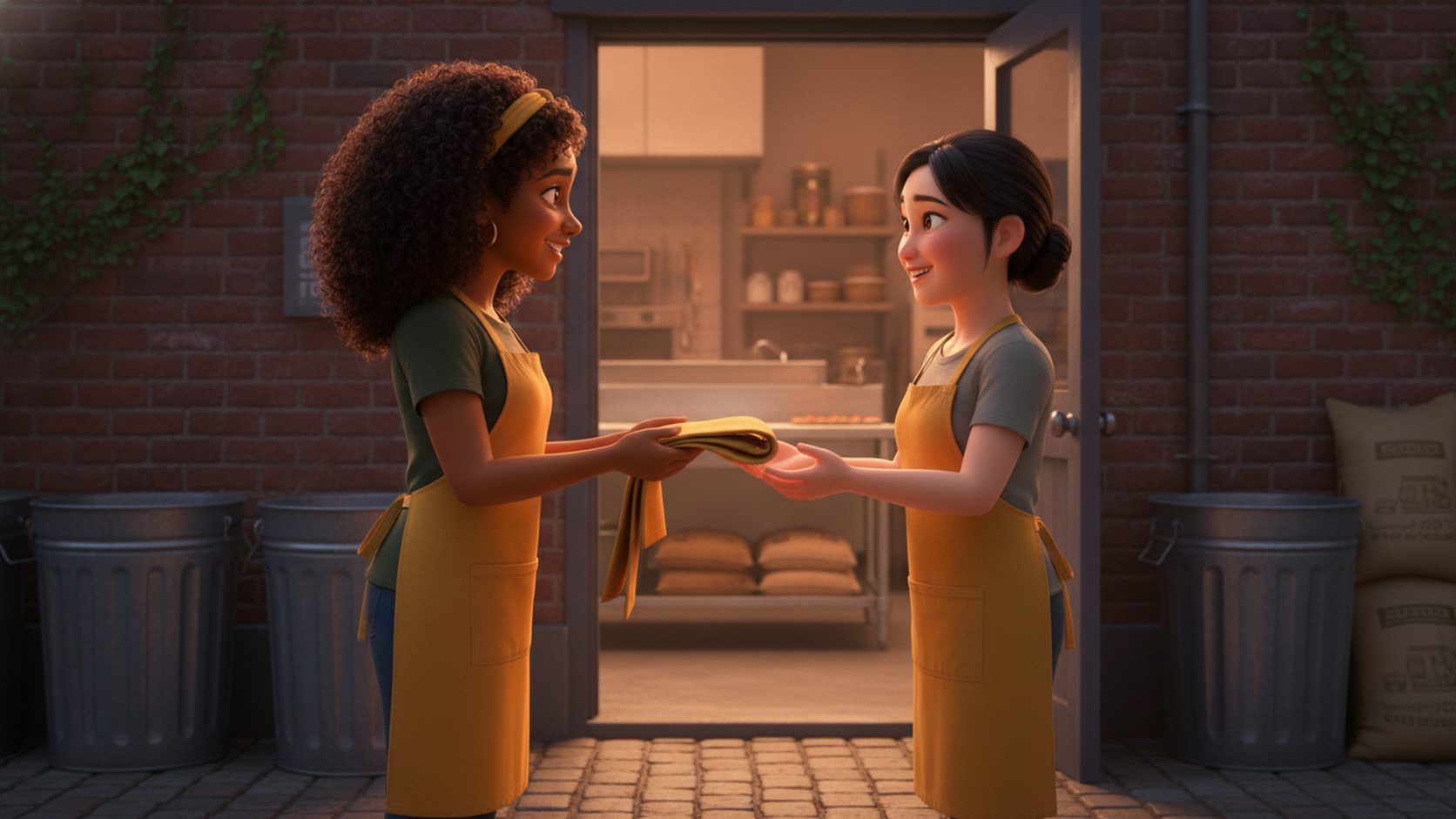 Maya in mustard apron handing a folded new apron to a smiling new employee at the bakery back door