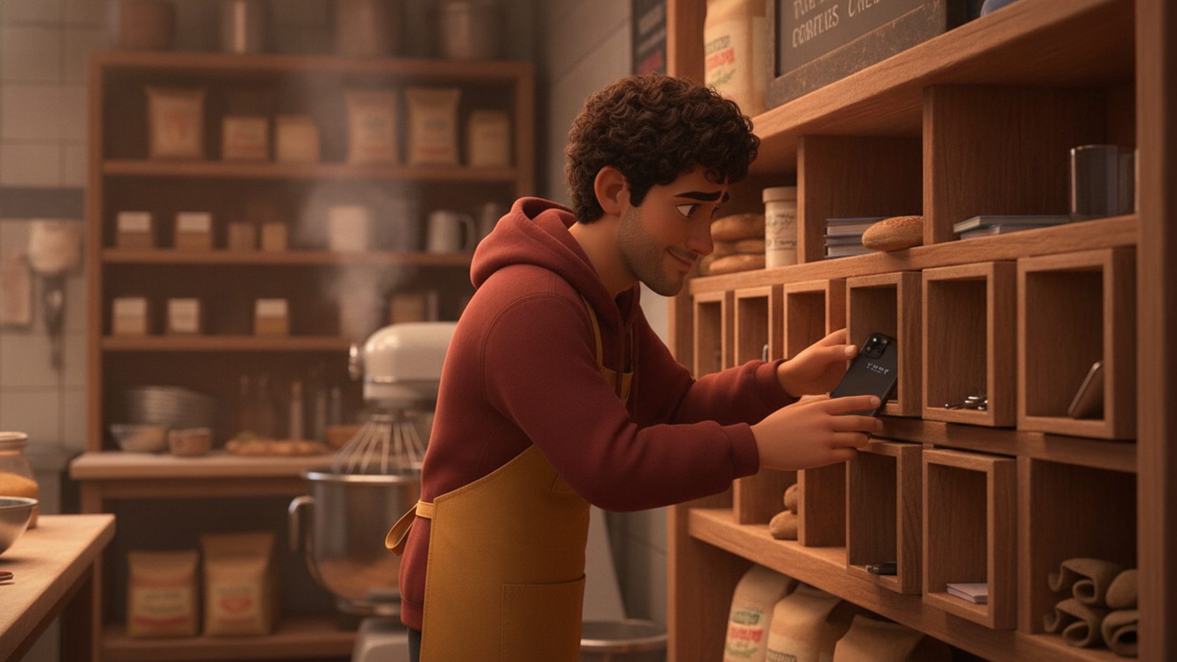 Leo in mustard apron putting his phone into a small wooden cubby in the bakery back room
