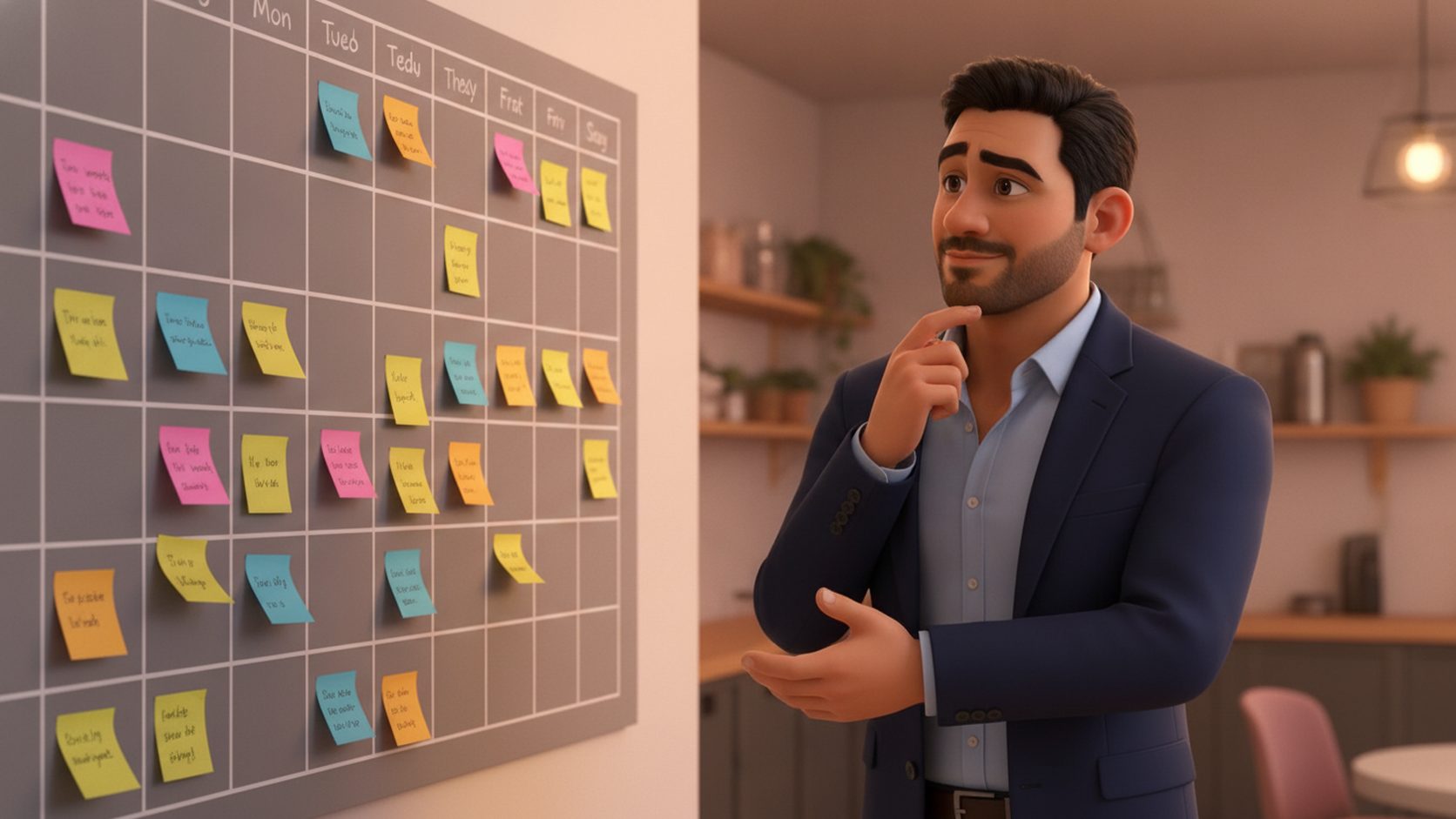 The owner looking at a blank wall calendar grid with colored sticky notes