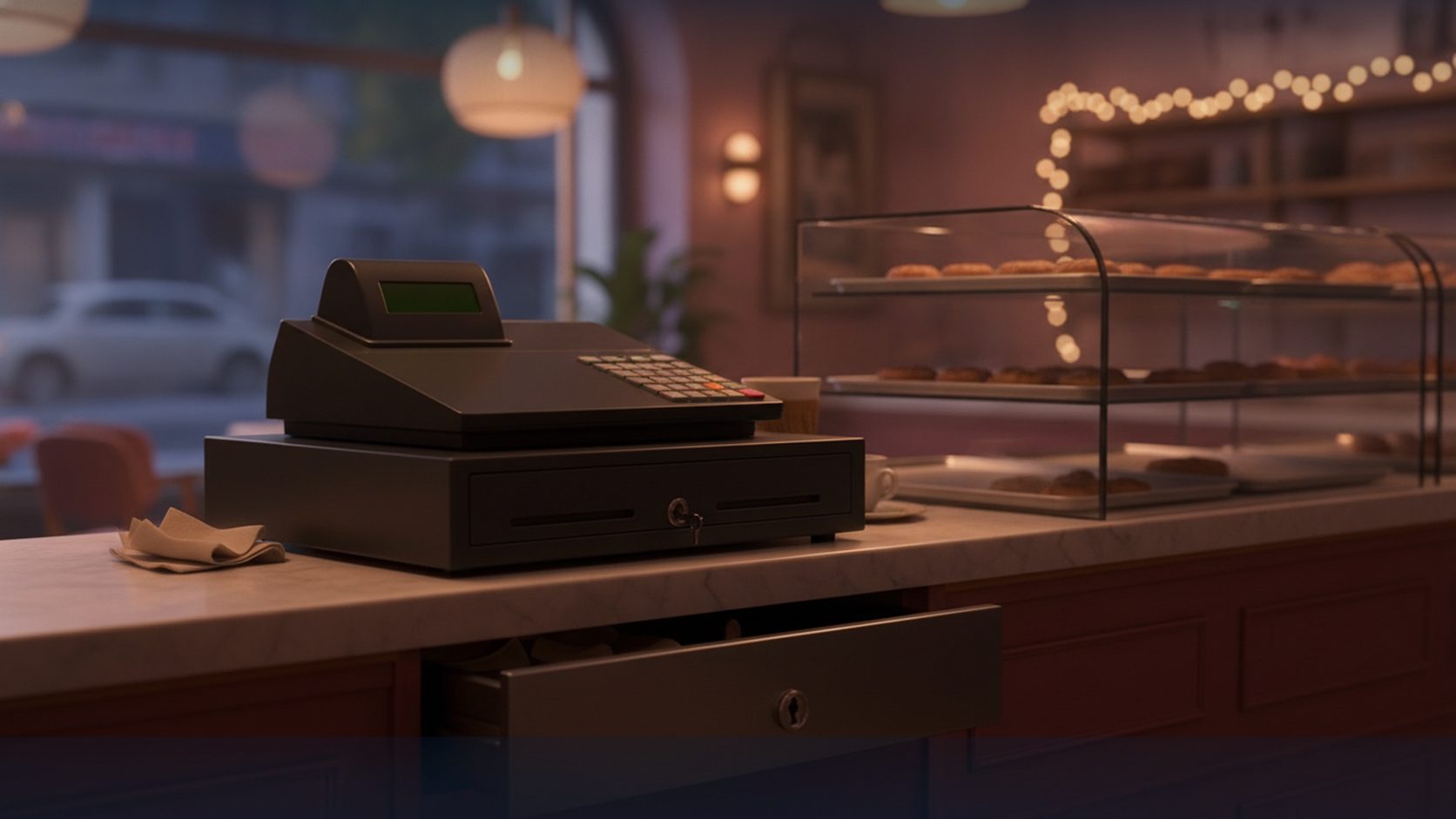 A bakery cash register area at night with soft light