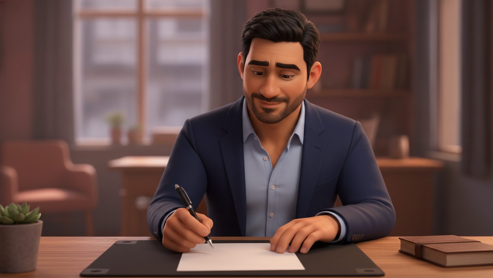 The owner writing on a blank sheet of paper at a desk