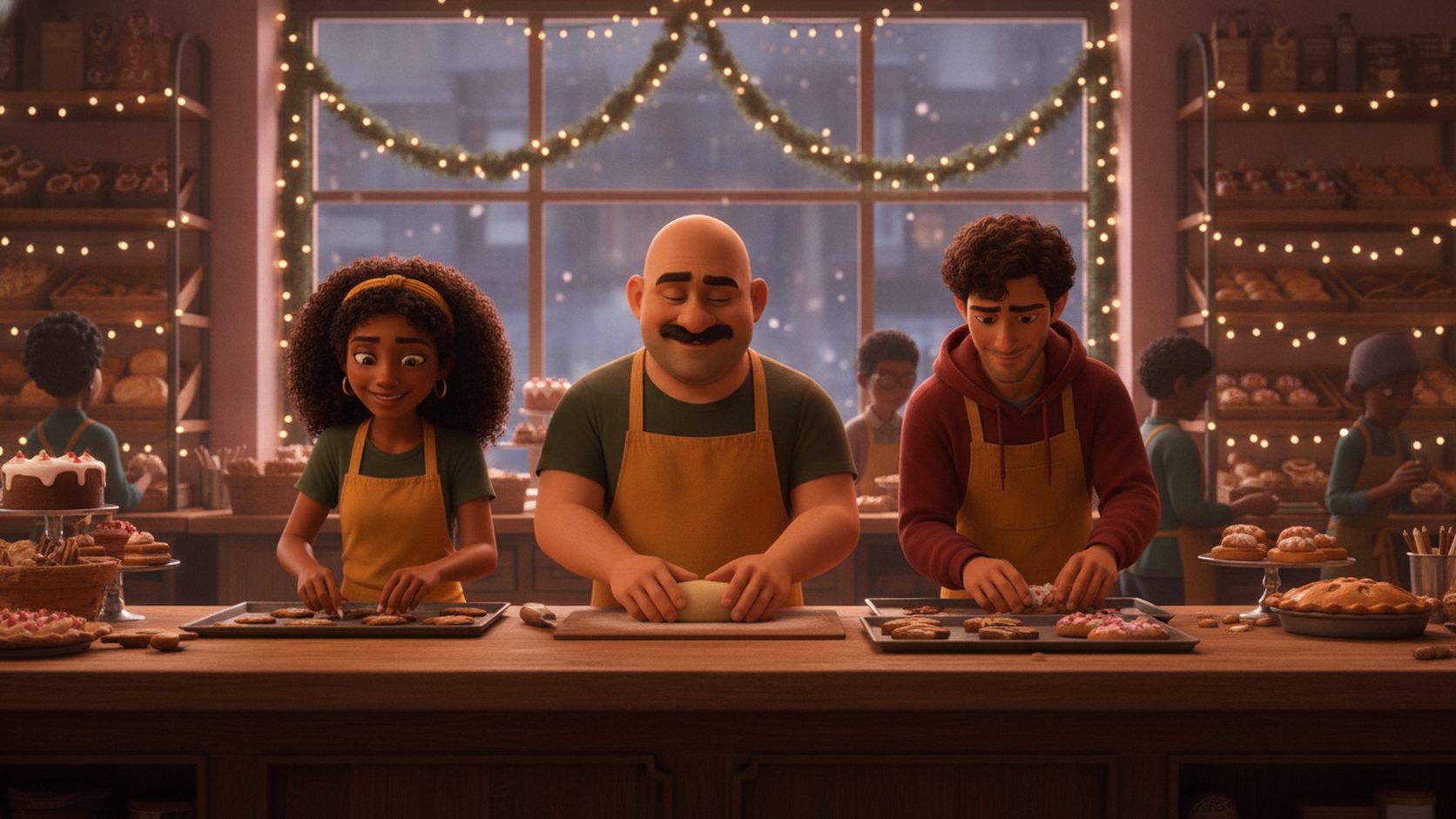 A busy bakery during the holidays with the crew in mustard aprons and warm string lights