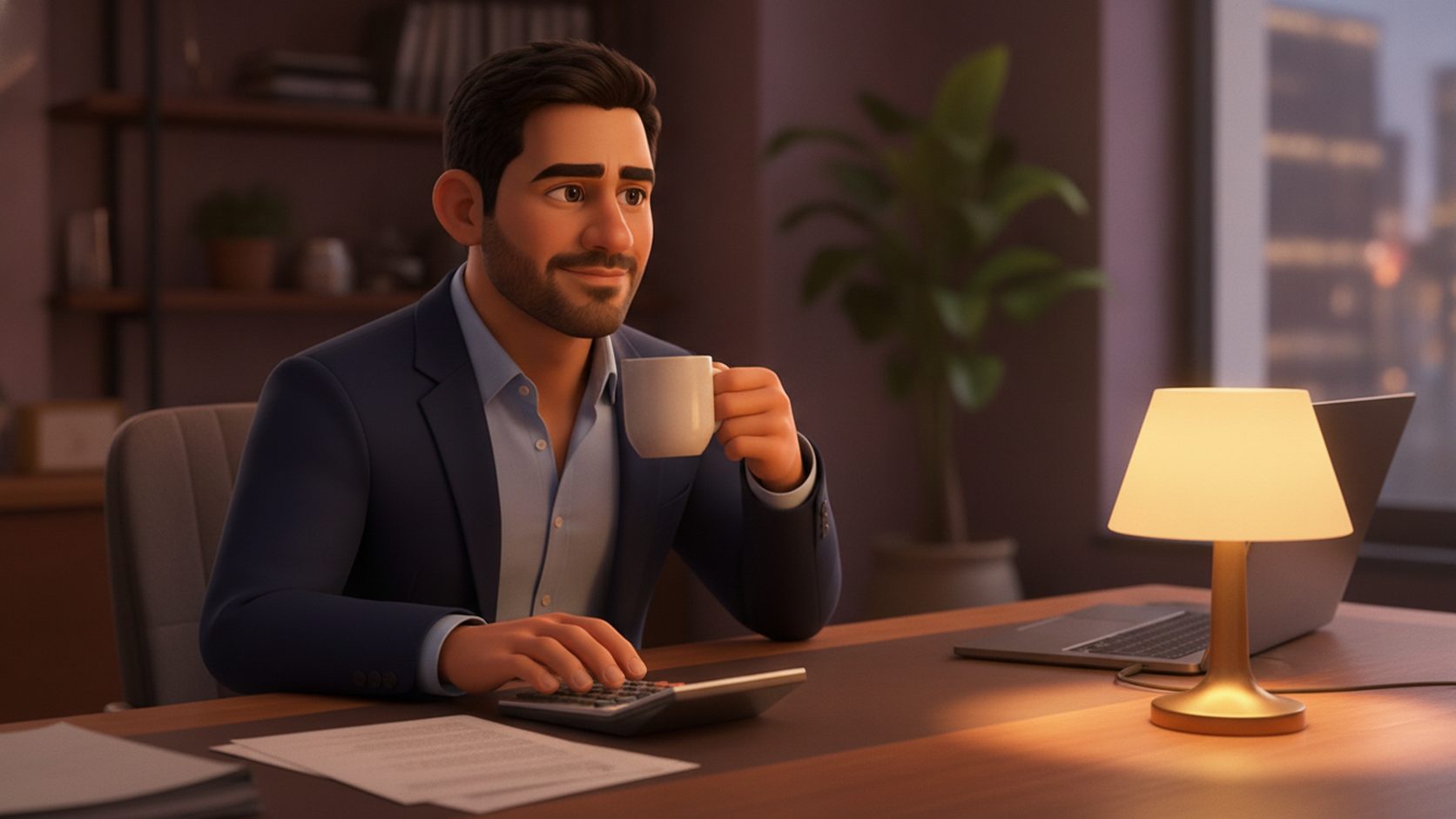 The owner at a desk thinking over a calculator and a coffee