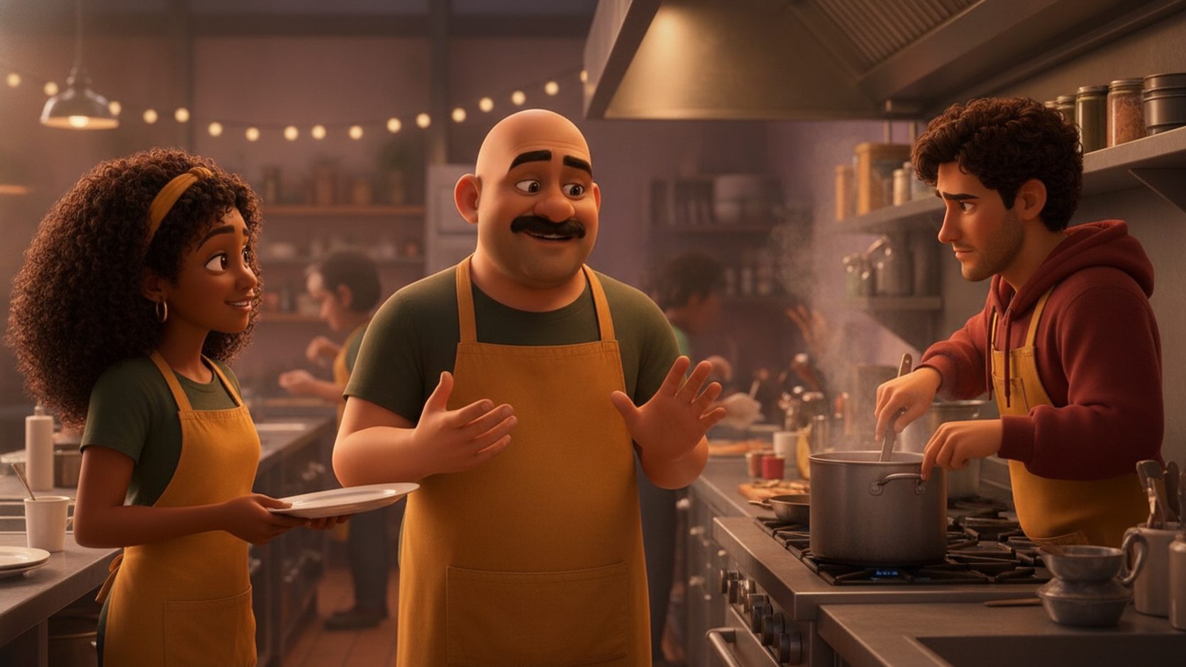 Sal the bald mustached cook in a mustard apron calmly directing two coworkers in a busy kitchen