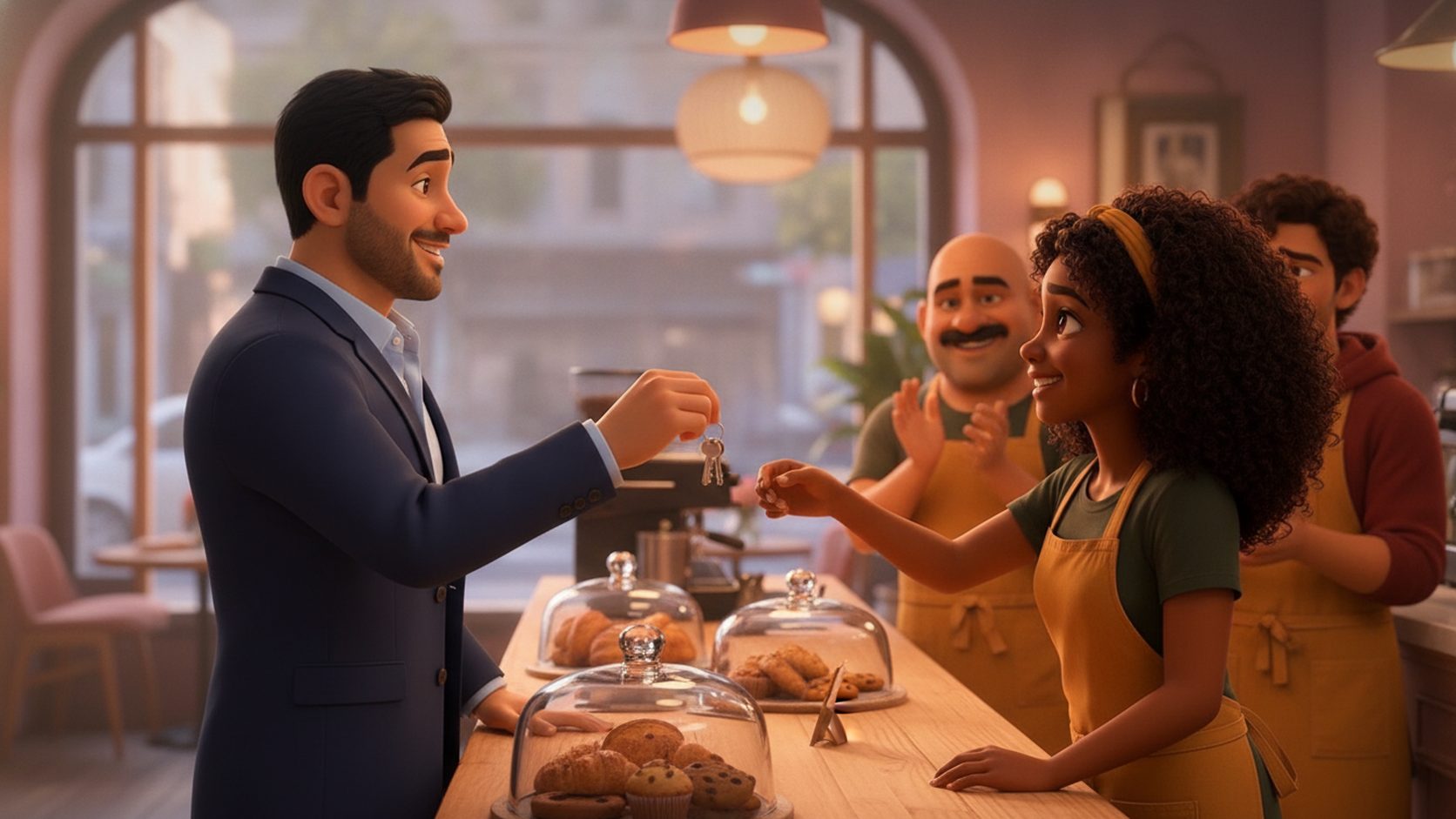 The owner handing a set of keys to Maya in her mustard apron at a bakery counter