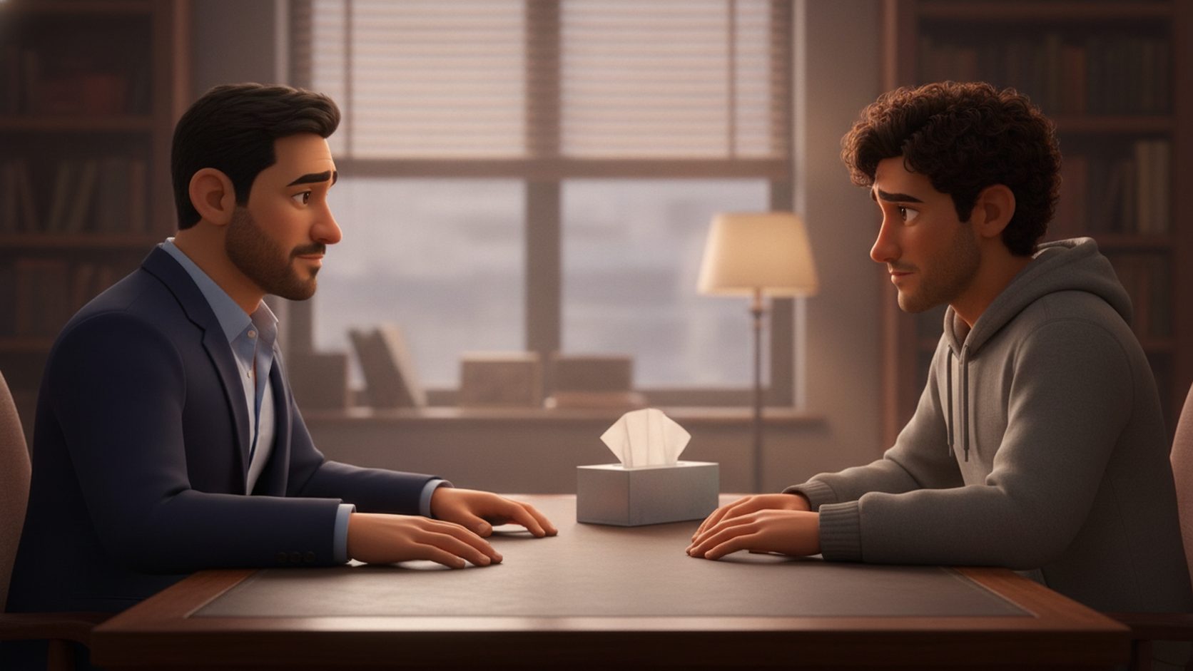 The owner sitting with an employee in a quiet office