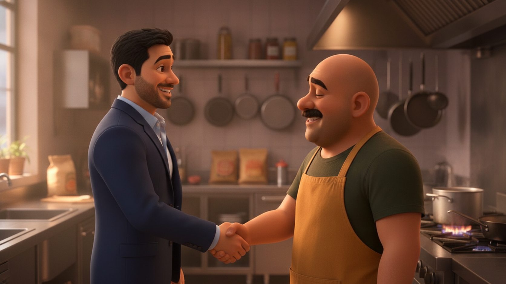 The owner giving a handshake and a smile to Sal the cook in a kitchen