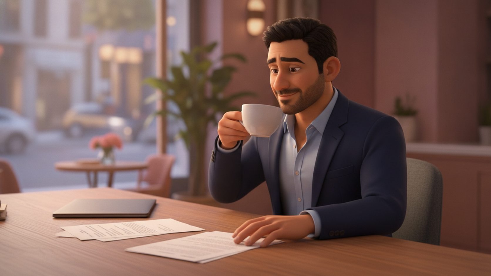 The owner reviewing blank papers at a desk with a cup of coffee