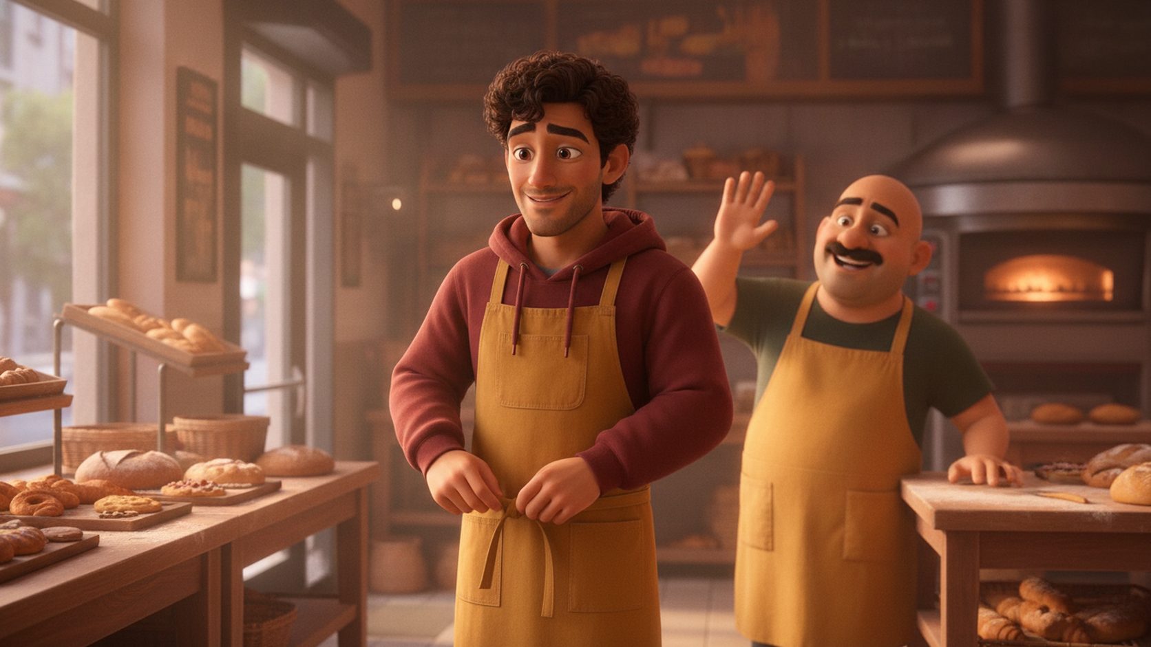 Leo in his maroon hoodie and mustard apron tying his apron as he arrives for a shift at a bakery