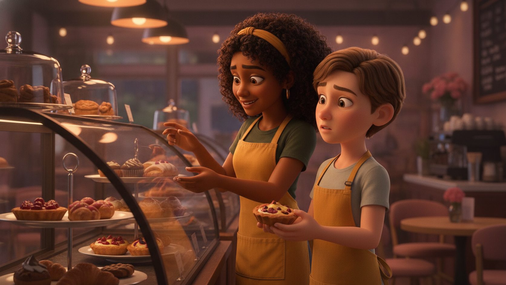 Maya in mustard apron showing a new young employee how to arrange pastries in a display case