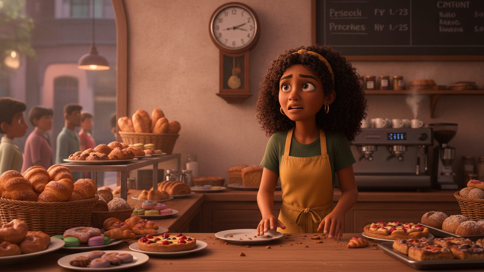 A bakery counter during a rush with only Maya working