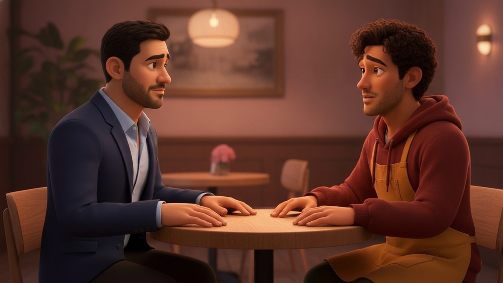 The owner and Leo sitting across a small cafe table having a serious but kind talk