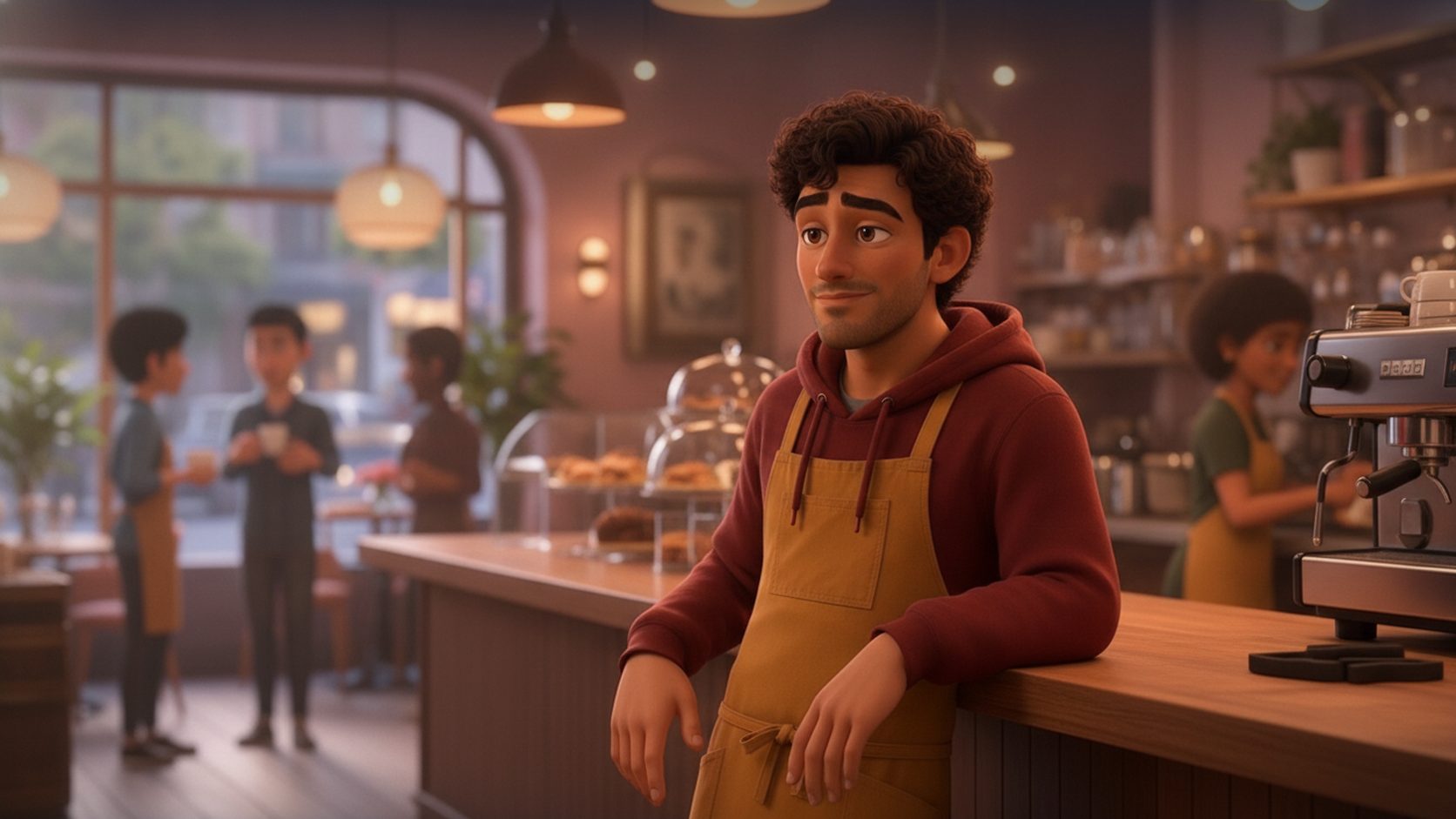 Leo in his maroon hoodie and mustard apron leaning on a counter looking at nothing while the shop is busy