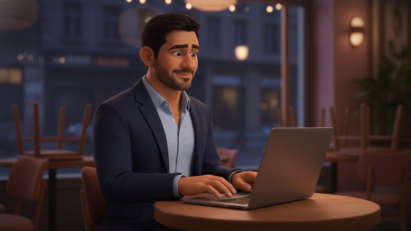 The owner typing on a laptop at a cafe table after hours