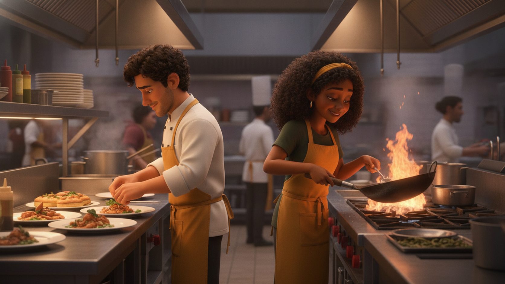 A restaurant kitchen at dinner rush with Sal and Maya working side by side