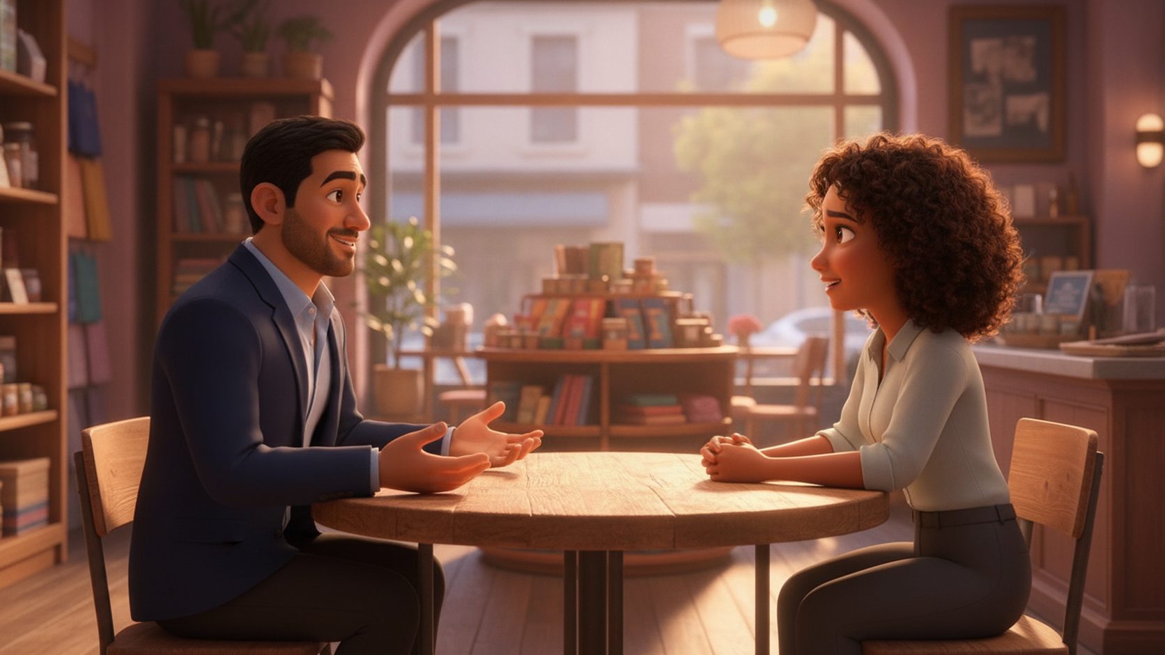 The successful owner interviewing a candidate in a small retail shop with shelves of goods