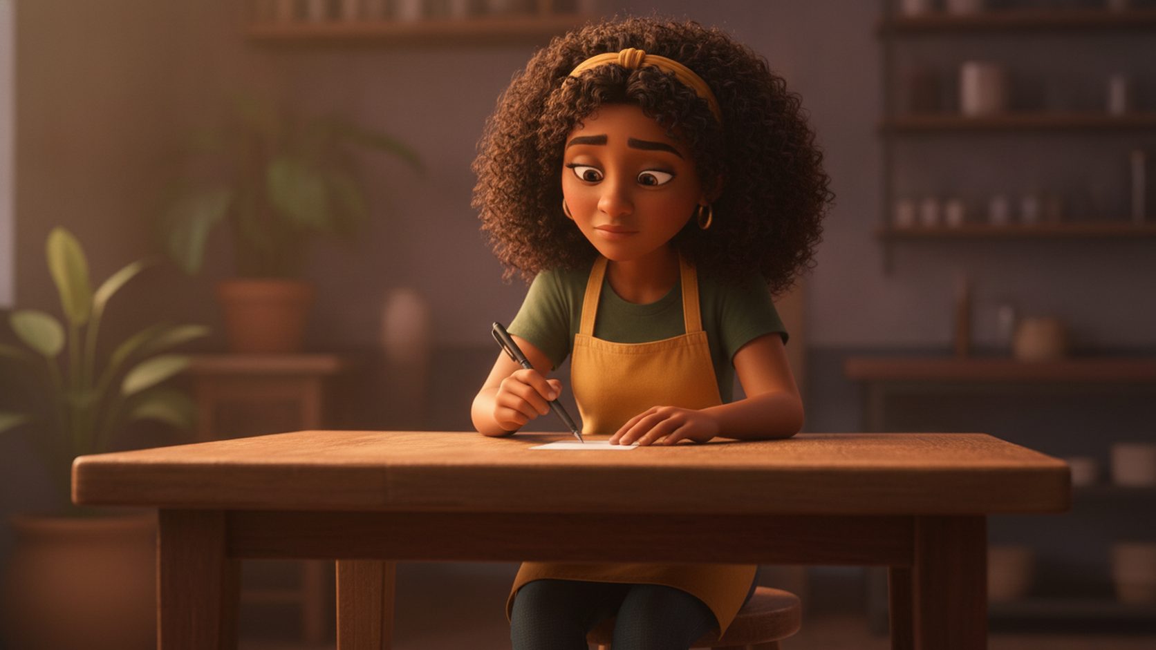 Maya in her mustard apron sitting on a stool thoughtfully looking at a blank card