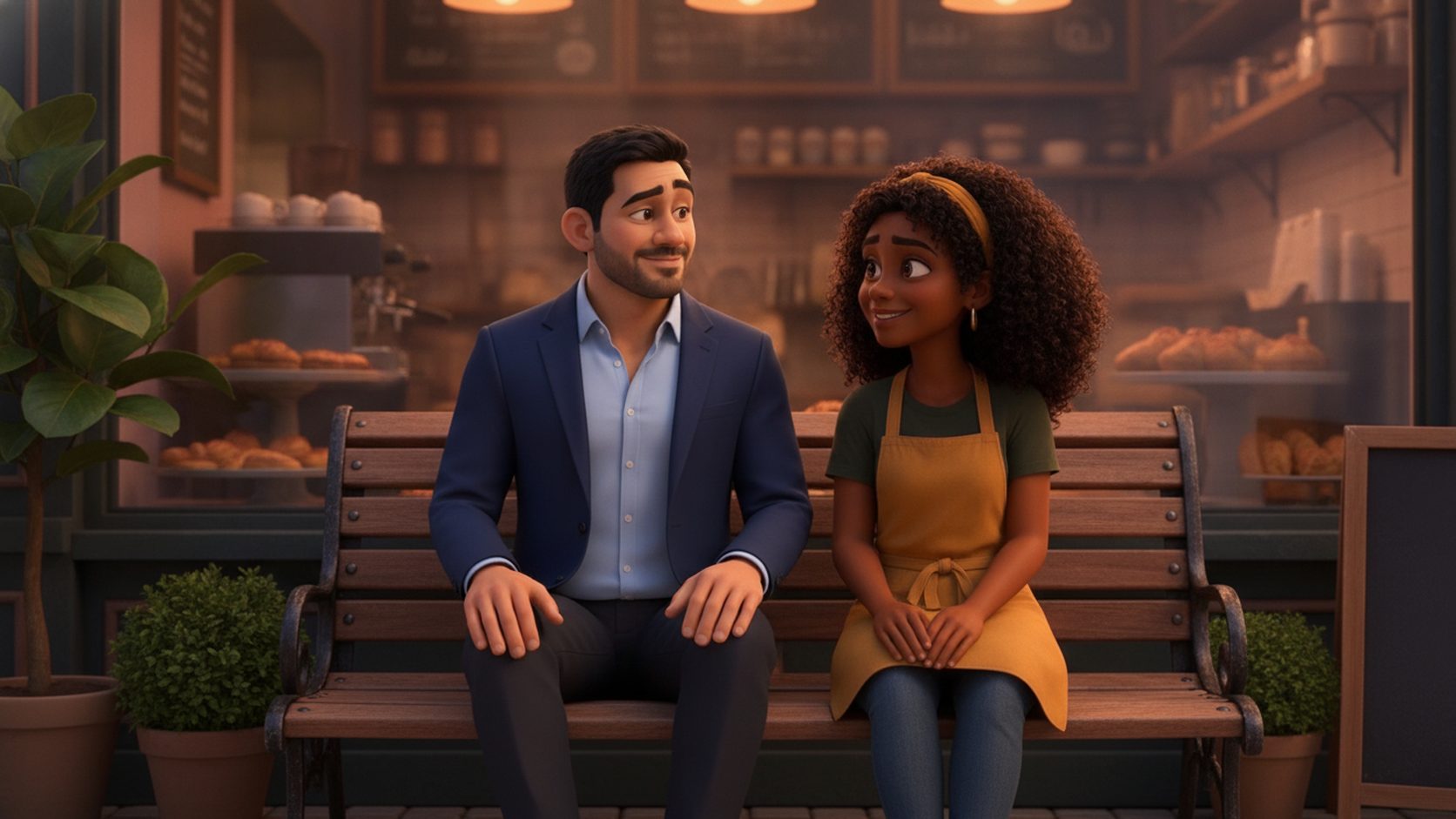 The successful owner and Maya chatting warmly on a bench outside the bakery