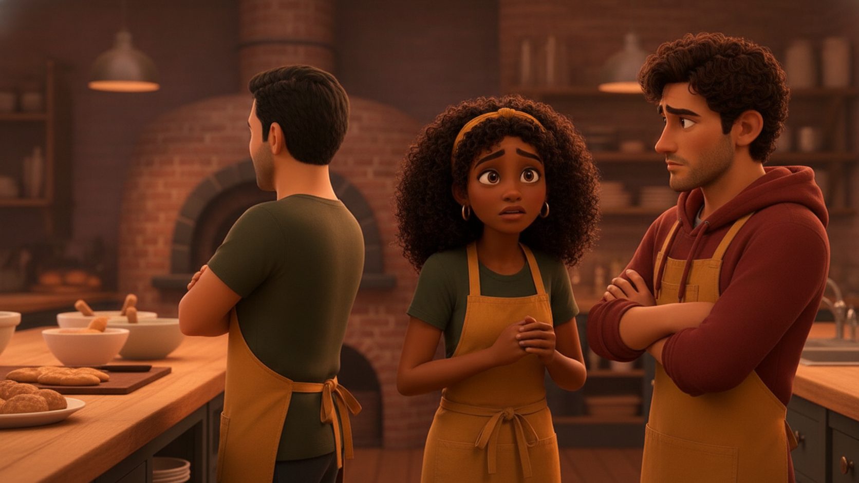 Two employees in mustard aprons turned away from each other with crossed arms in a bakery kitchen while Maya looks worried