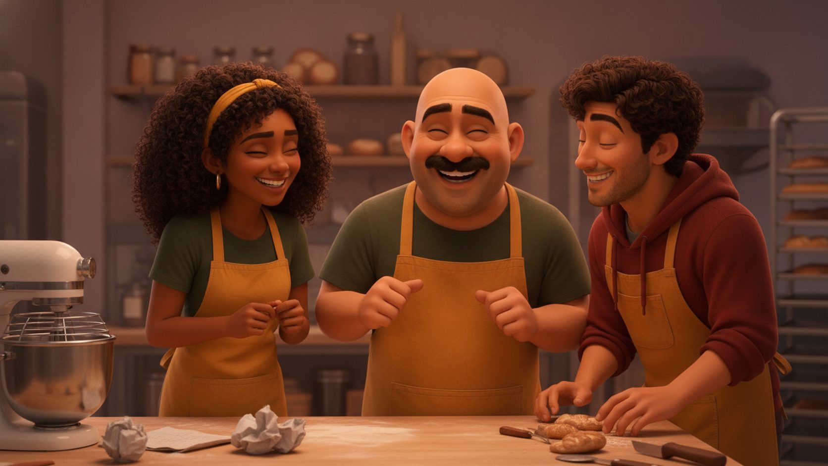 The bakery crew laughing together during a short break in a warm kitchen