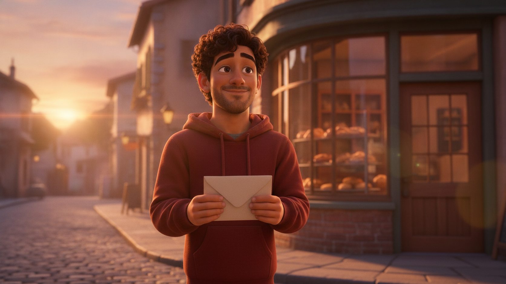 Joven con un sobre afuera de una panadería al atardecer