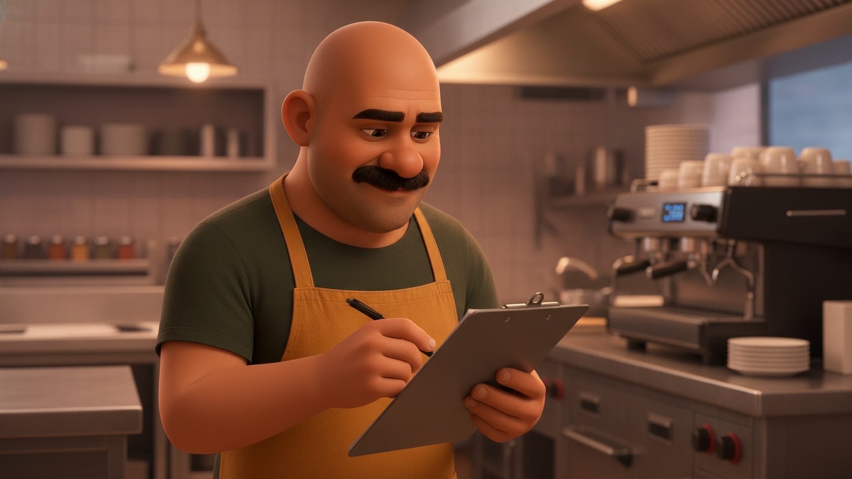 Cocinero revisando un formato de evaluación en blanco en la cocina