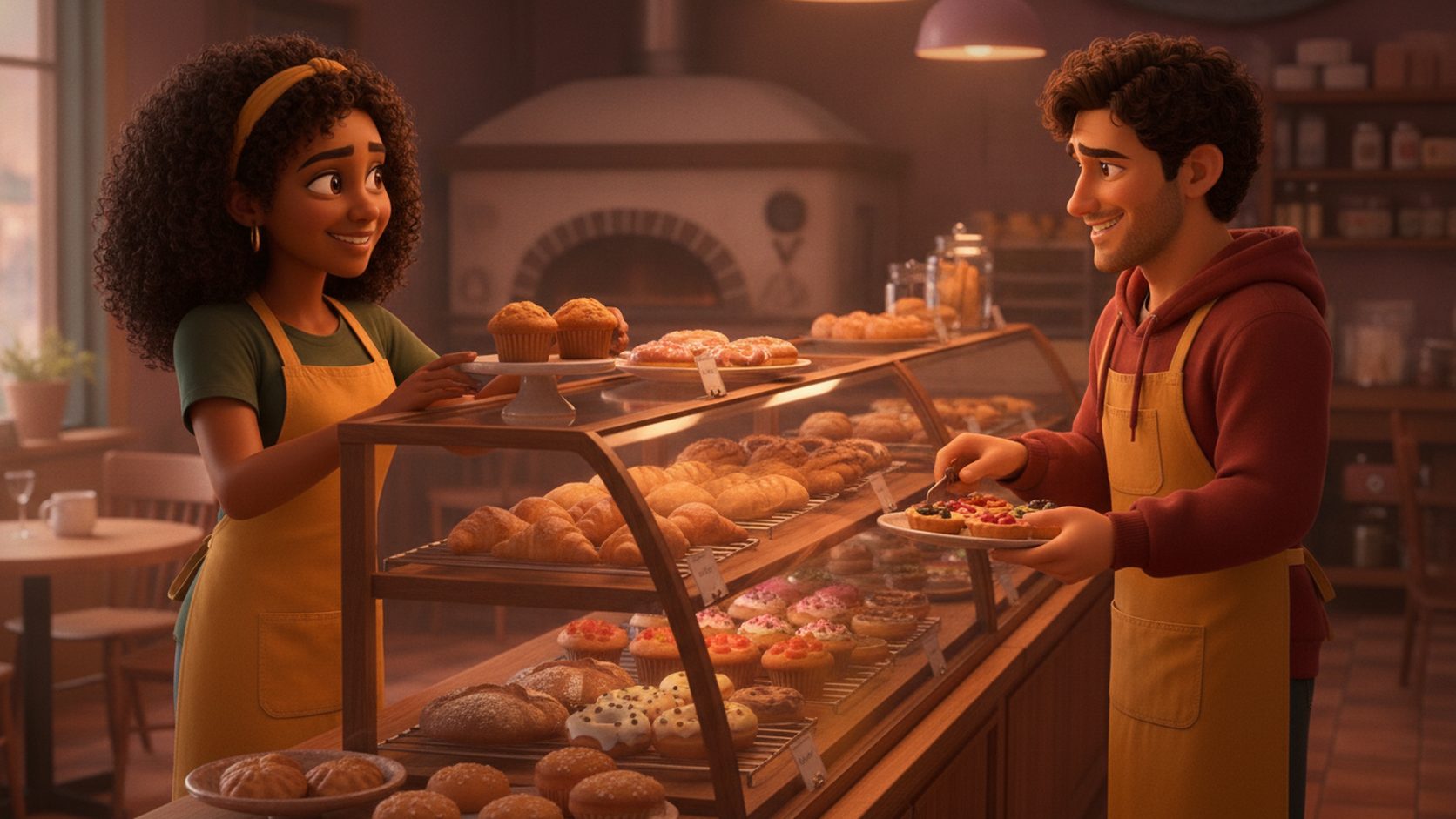 Dos empleados de panadería riéndose mientras llenan la vitrina