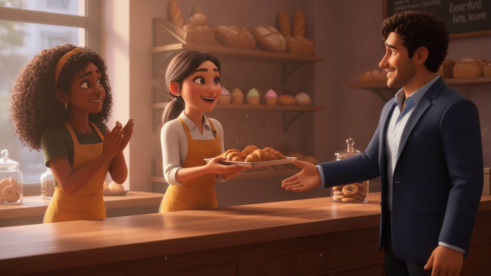 Dueño dando la bienvenida a una empleada nueva en la panadería