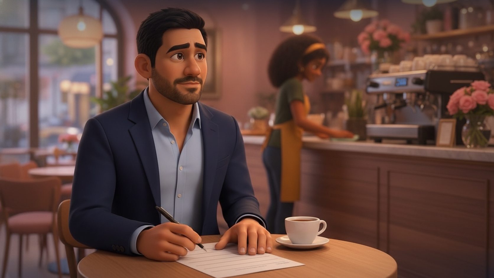 Bakery owner in a navy blazer filling out a paper employee evaluation form at a cafe table