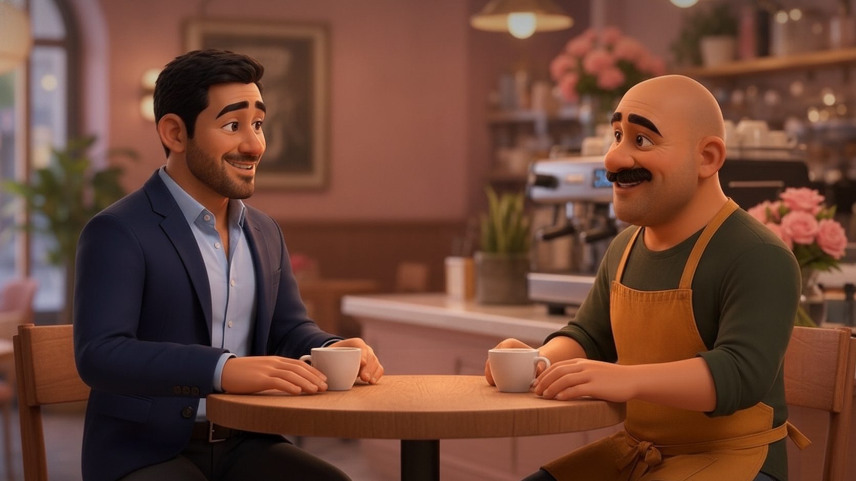 Owner having a friendly one on one talk with a cook over coffee