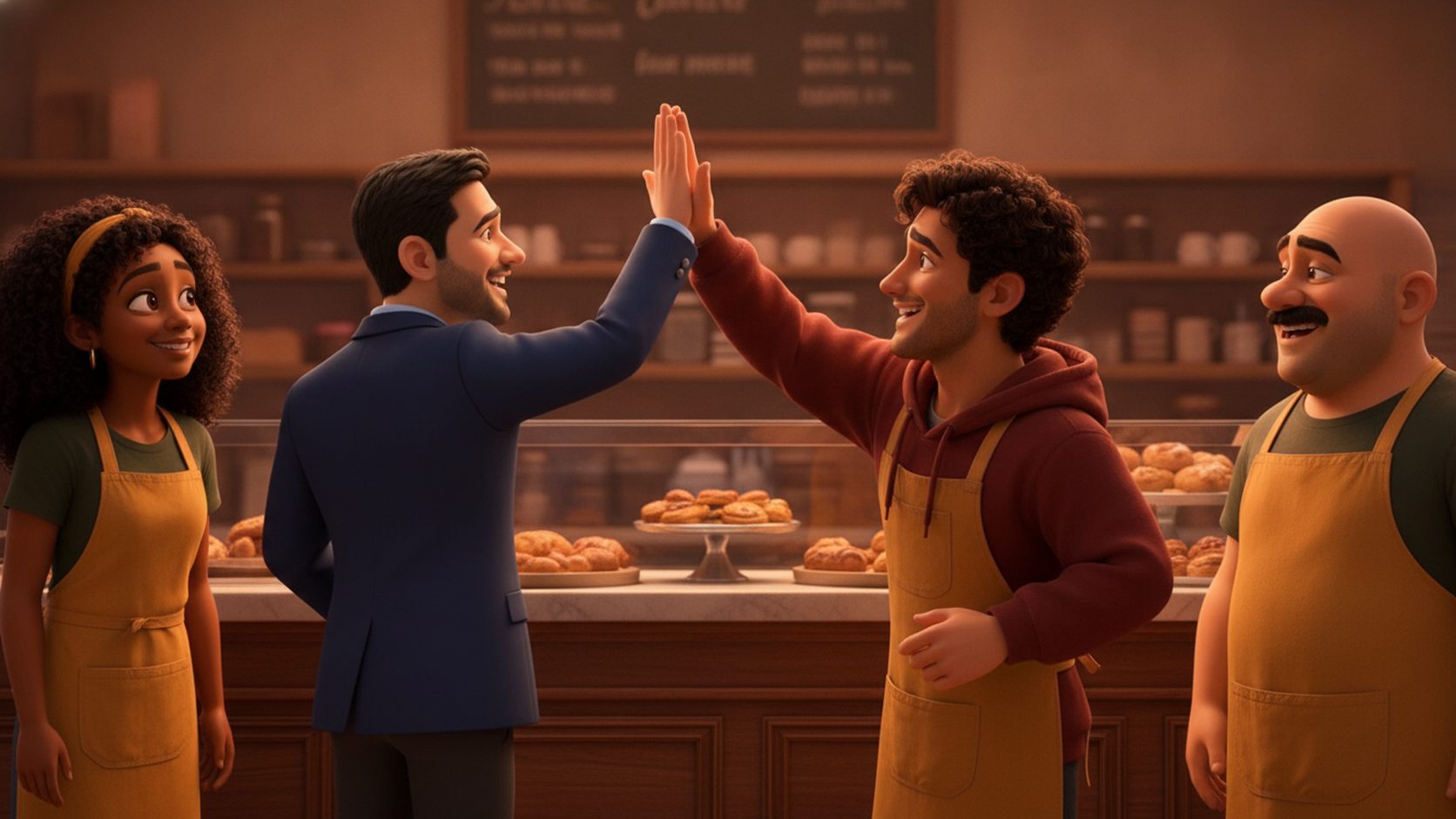 Owner giving a high five to a young worker behind a bakery counter