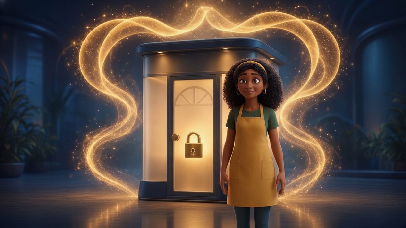 A worker standing in front of the glowing private room called Anonymous