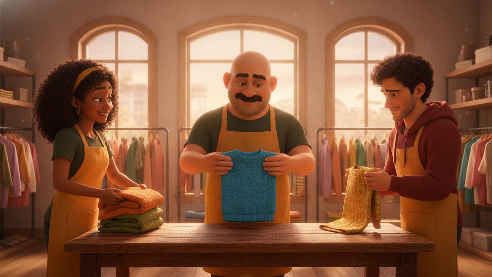 Personal de una boutique doblando suéteres en la mesa de la entrada