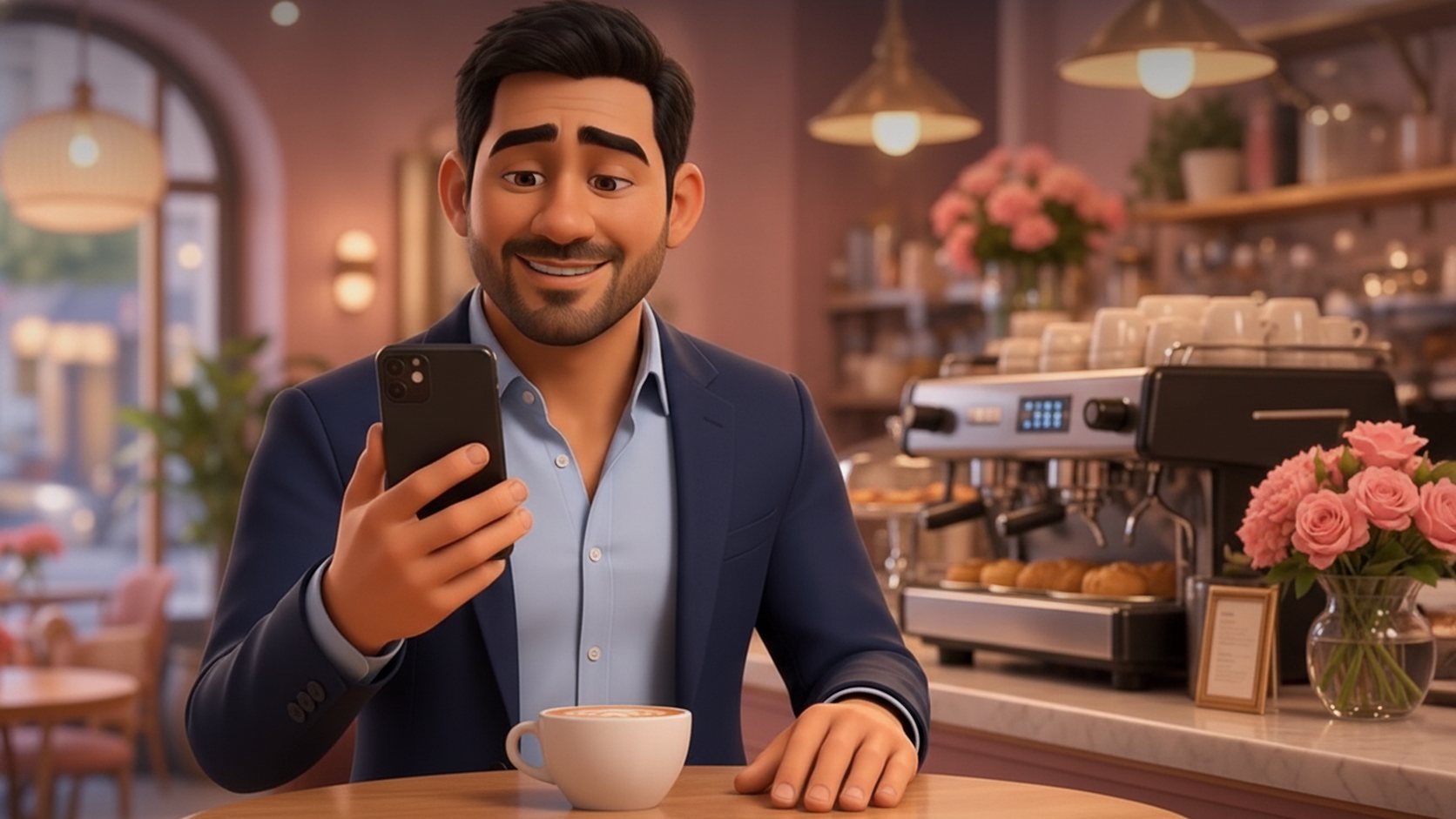 Dueño de una panadería café, con saco azul marino, revisando en su celular los resultados de su equipo mientras toma un café