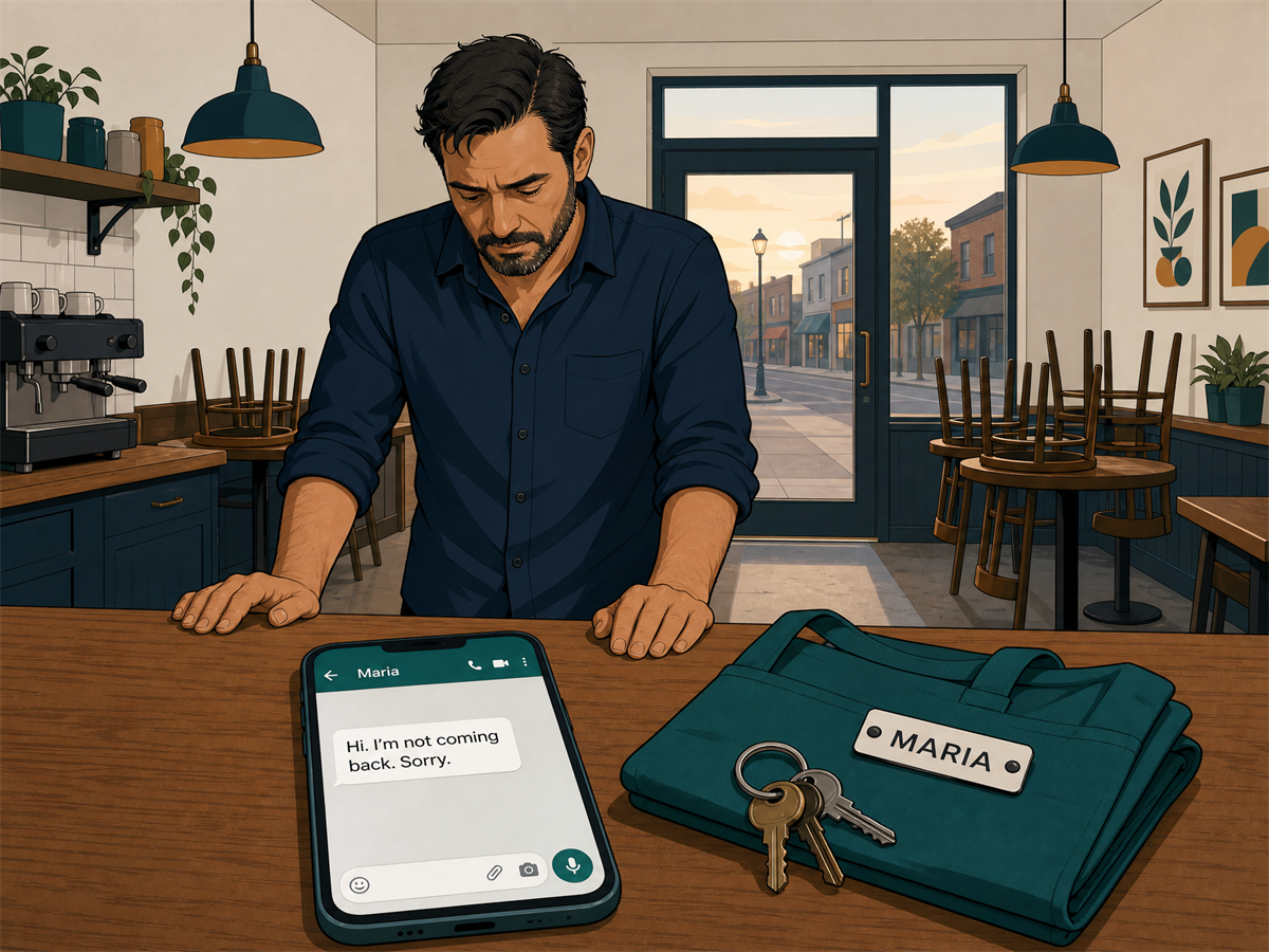 The owner alone in the empty café at dawn, hands on the counter, looking down at his phone. On the screen, a text from Maria: “Hi. I’m not coming back. Sorry.” Beside it, her folded apron with a MARIA name tag and her keys.