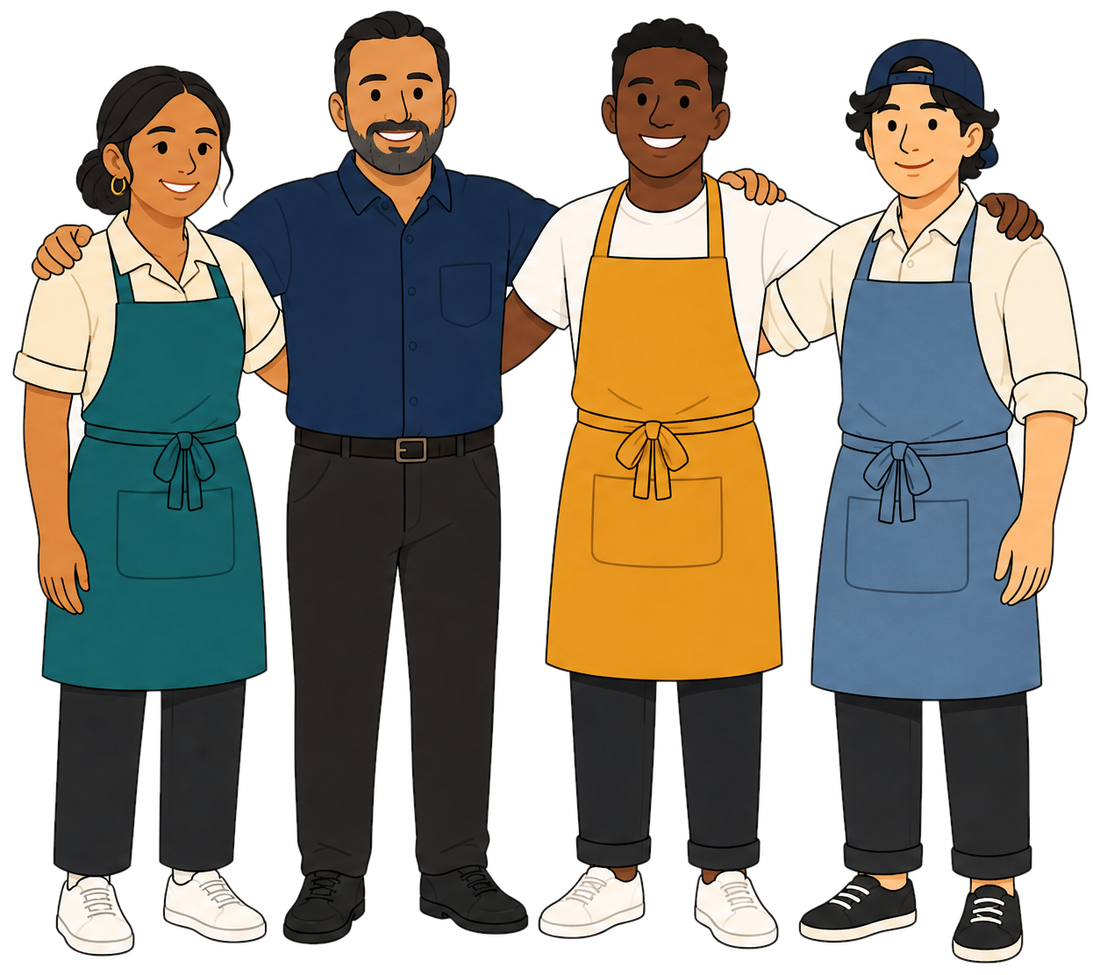 The owner standing with the whole crew